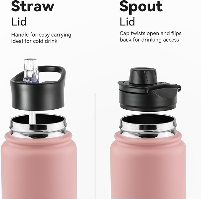 VEGOND 32 oz Insulated Water Bottle Stainless Steel Metal Water Bottles with Leak Proof Straw Lid & Spout Lid, Wide Mouth Double Walled Vacuum Travel Sports Bottle, Pink