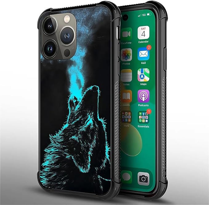 for iPhone 13 Pro Max Case, Blue Breathing Wolf Pattern Graphic Design Girl Boy Soft Silicone Hard Acrylic Shock Protection for iPhone 13 Pro Max