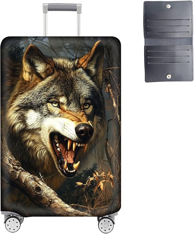 Luggage Cover Protector for 19-20 Inch Suitcases, TSA Approved Elastic Travel Suitcase Covers, Anti-Scratch Washable Luggage Sleeve for Carry On & Checked Bags, Fierce Wolf