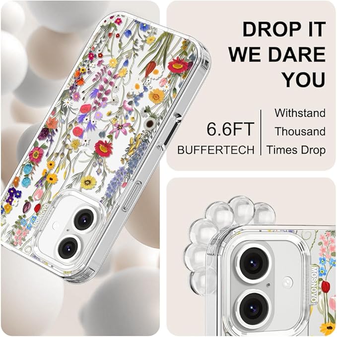MOSNOVO Case for iPhone 16 Plus, [Buffertech 6.6ft Military-Grade Drop Protection] [Anti Peel Off Tech] Clear TPU Bumper Phone Case Cover Design - Wildflower Meadow