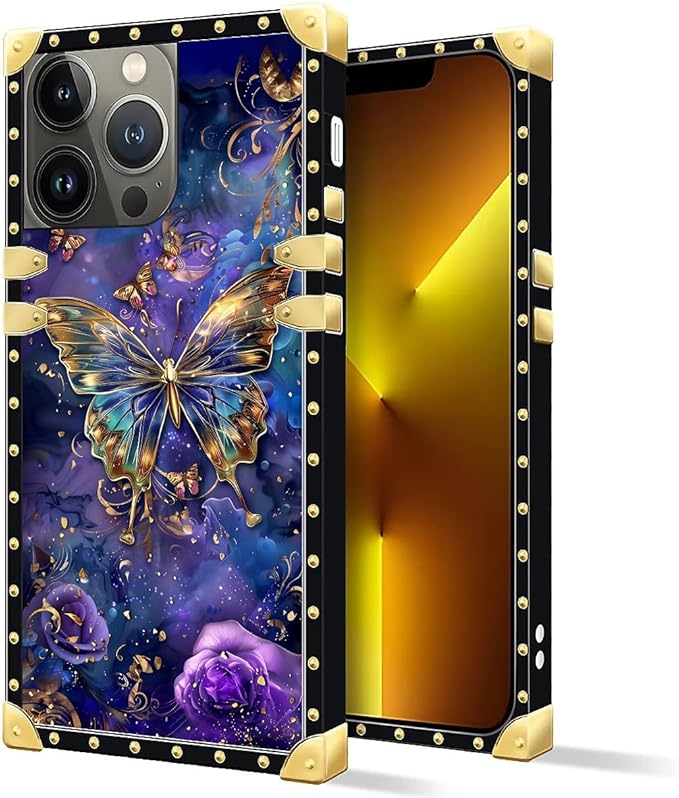 Compatible with iPhone 13 Pro Max Case, Glistening Golden Butterfly Vibrant Purple Blue Luxury Golden Decoration for Girl Women Soft TPU Shockproof Protective Hard PC Back