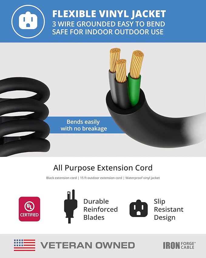 Iron Forge Cable 15 Ft Black Extension Cord, 16/3, 15 Foot Extension Cord, 3 Prong, Weatherproof - Great for Outside Use