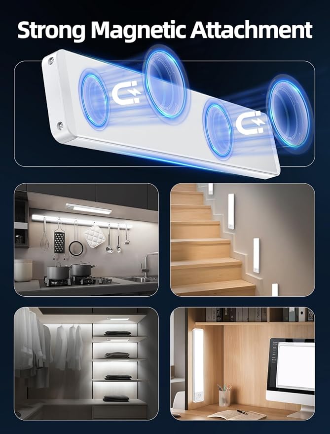 Under Cabinet Motion Sensor Lighting: 10 Inch Dimmable Rechargeable Lights Indoor - Battery Operated Lights - Undercabinet Closet Light Magnetic Led Light for Kitchen Home Bathroom Counter 3 Pack