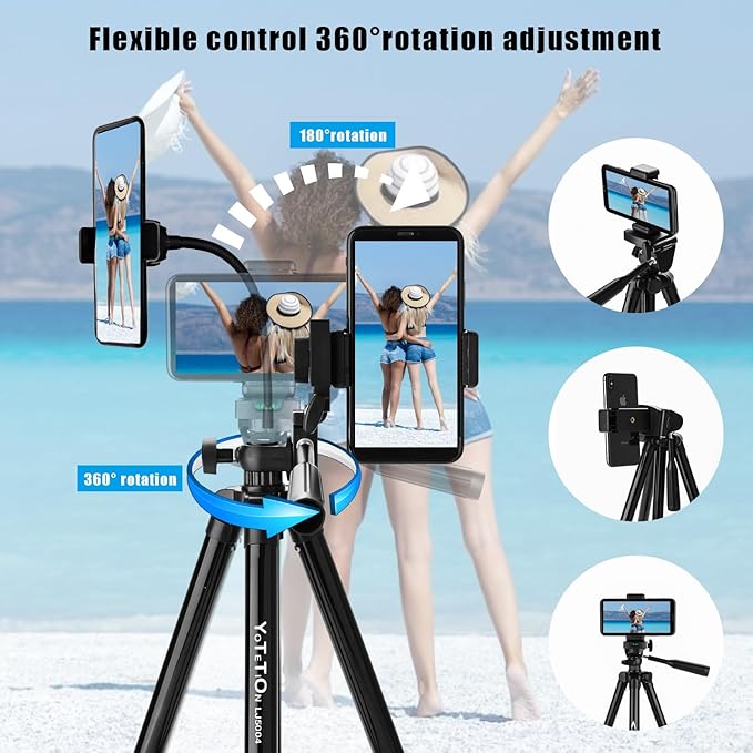 60" Aluminum Phone & Camera Tripod with Gooseneck Stand, Extendable Cell Phone Tripod Stand Compatible with iPhone/Android/Action Camera is Perfect for Live Streaming/Video Recording/Selfies