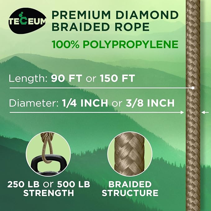 TECEUM Rope – 90 Feet x 3/8 Inch (10mm) – Coyote Brown – Strong All-Purpose Utility Rope – Camping, Crafting, Flag Pole, Indoor & Outdoor – Polypropylene Nylon Poly Lightweight Diamond Braided Cord