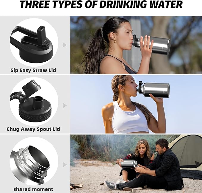 64oz Insulated Water Bottle (Cold for 48 Hrs),BPA Free&Leak Proof,Half Gallon Stainless Steel Water Flask,Water Jug with Straw Spout Lids for Gym,Hiking,Camping,Stainless