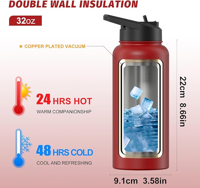32oz Insulated Water Bottle (Cold for 48 Hrs),BPA Free&Leak Proof,Stainless Steel Water Flask,Water Jug with Straw Spout Lids for Gym,Hiking,Travel,Red