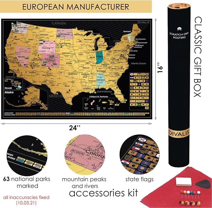 Detailed Scratch off USA Map with Scratcher - 24x16 Easy to Frame 63 National Parks Scratch Off Travel Poster of the United States of America - Large Scratchable US Map with Landmarks and States Flags