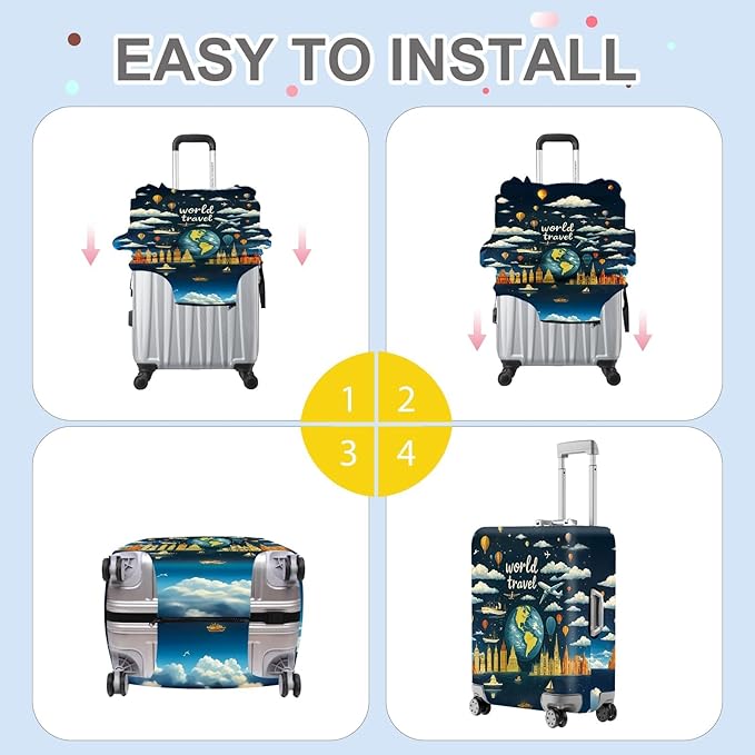 ANNA QUEEN World Travel Luggage Cover, Adventure Theme Suitcase Protector, Stretchable Washable Cover for 24-26 Inch Luggage