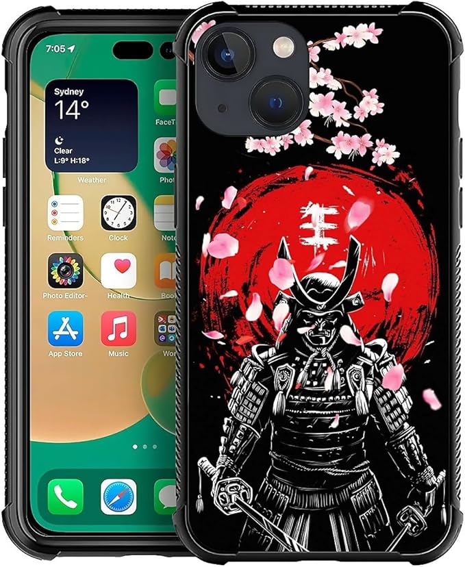 for iPhone 14 Plus Case, Sakura Japanese Samurai Pattern Graphic Design Girl Boy Soft Silicone Hard Acrylic Shock Protection for iPhone 14 Plus