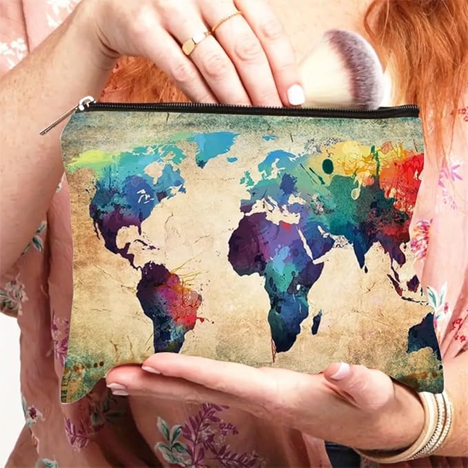 Trendy World Map Canvas Pouch - Spacious Zippered Cosmetic Bag for Travel, Makeup & More - Durable, Multifunctional Coin Purse (F0189)