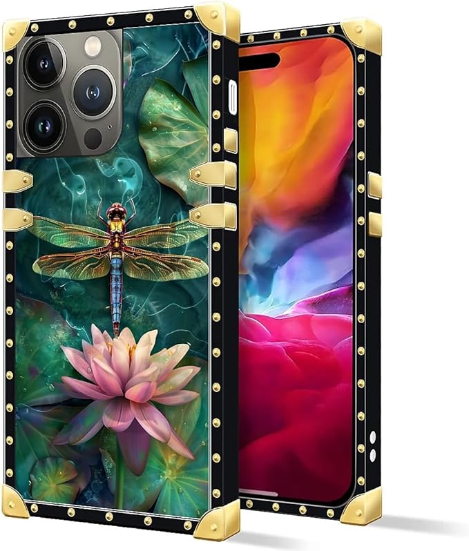 Compatible with iPhone 15 Pro Max Case, Colourful Dragonfly Pink Lily Pads Luxury Golden Decoration for Girl Women Soft TPU Shockproof Protective Hard PC Back for iPhone 15 Pro Max
