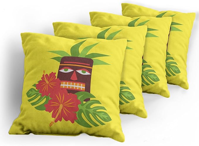 Ambesonne Luau Throw Pillow Cushion Case Pack of 4, Vibrant Composition of a Tiki Exotic Summer Hibiscus and Palm Leaves, Modern Accent Double-Sided Digital Printing, 18", Yellow Multicolor