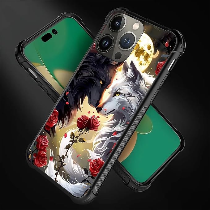 for iPhone 12 Pro Max Case, Black White Wolf Moon Flower Rose Pattern Graphic Design Girl Boy Soft Silicone Hard Acrylic Shock Protection for iPhone 12 Pro Max