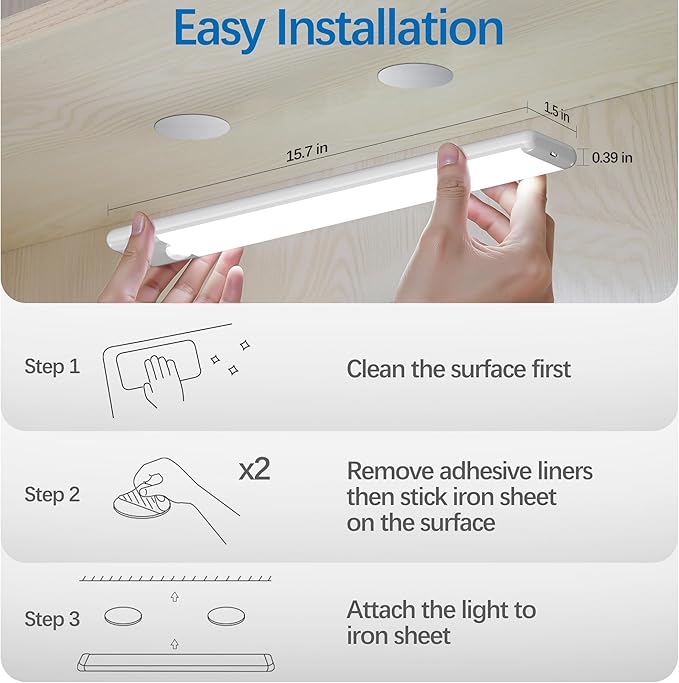 15.9 inch Motion Sensor Under Cabinet Lights, Magnetic Rechargeable Under Counter Closet Light, Wireless Night Light Bar Stick-On, Cool White, 3-Pack