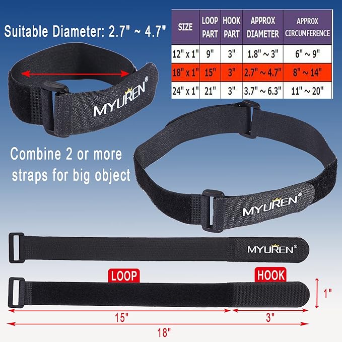 1"x 18"-12 Pack Reusable Fastening Cable Straps with Buckle Adjustable Hook and Loop Securing Strap Multi-Purpose Cinch Strap for Cord Management