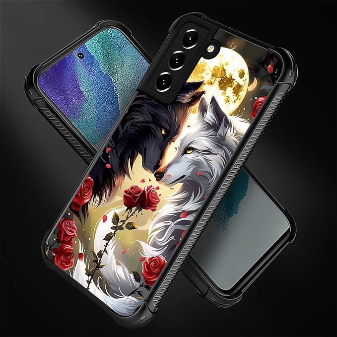 for Samsung Galaxy S22 Plus Case, Black White Wolf Moon Flower Rose Pattern Graphic Design Girl Boy Soft Silicone Hard Acrylic Shock Protection for Samsung Galaxy S22 Plus