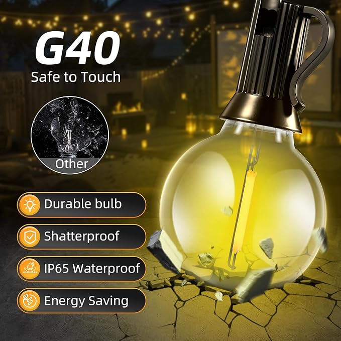 50FT Solar Lights Outdoor Waterproof: G40 15M Shatterproof Bulbs Patio Lights - Solar Powered Remote Control 3 Light Modes Dimmable Solar Light - Camping Backyard Garden Deck Outside Yard