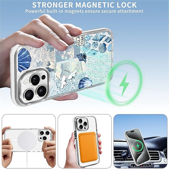Case for iPhone 13 Pro Max,[Compatible with MagSafe],Sea Life Ocean Waves Seashell Collage Phone Case Design，for Women Girls Magnetic Clear Cover - Slim, Sleek, & Shockproof Protection