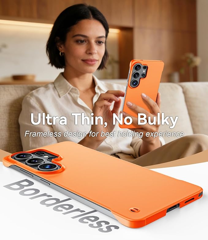 GRECAZO Slim Borderless for Samsung Galaxy S26 Plus Phone Case 6.7"(2026) Ultra-Thin Lightweight Frameless Matte Hard PC Cover Case with Pull Ring Minimalist Non Slip Rope-Orange