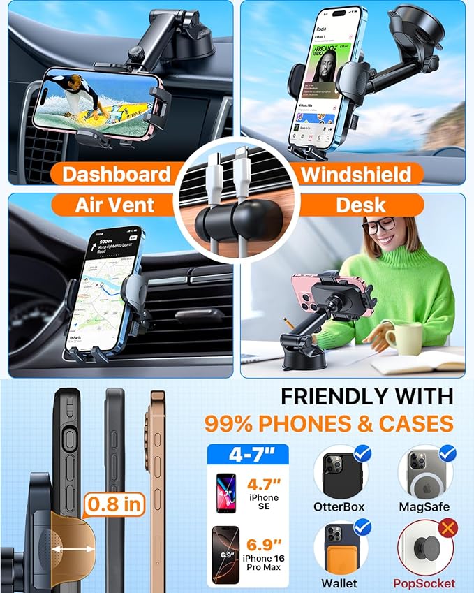 2026 Ultimate Best【True Military-Grade & Safety Cert】Car Phone Holder HTU【Upgraded 360 Rotation & 100+LBS Strongest Suction】5-in-1 Truck Windshield Dashboard Vent Mount Stand for iPhone Android, Black
