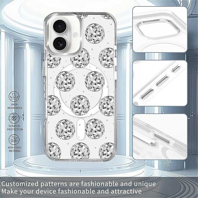 Case for iPhone 16,[Compatible with MagSafe],Disco Ball Grayish White Phone Case Design，for Women Girls Magnetic Clear Cover - Slim, Sleek, & Shockproof Protection
