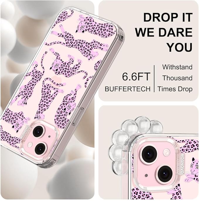 MOSNOVO Case for iPhone 15 Plus/iPhone 14 Plus, [Buffertech 6.6ft Military-Grade Drop Protection] [Anti Peel Off Tech] Clear TPU Bumper Phone Case Cover Design - Pink Leopard