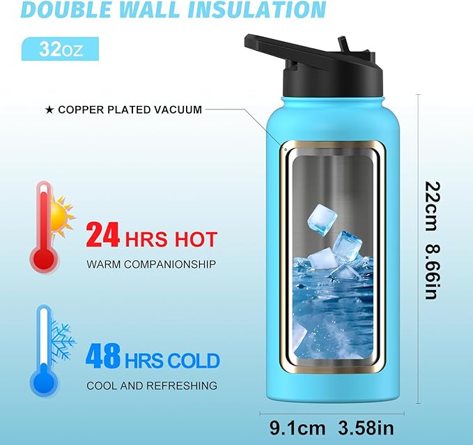 32oz Insulated Water Bottle (Cold for 48 Hrs),BPA Free&Leak Proof,Stainless Steel Water Flask,Water Jug with Straw Spout Lids for Gym,Hiking,Travel,Sky Blue