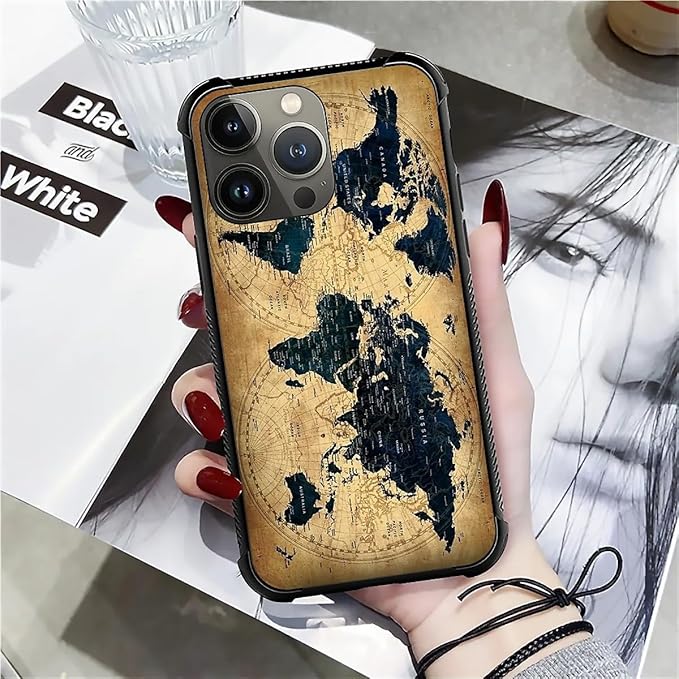 for iPhone 14 Pro Max Case, Brown World Map Pattern Graphic Design Girl Boy Soft Silicone Hard Acrylic Shock Protection for iPhone 14 Pro Max