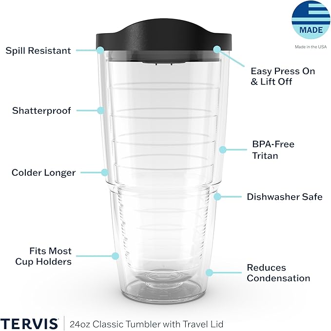 Tervis Clear & Colorful Lidded Made in USA Double Walled Insulated Tumbler Travel Cup Keeps Drinks Cold & Hot, 24oz, Orange Lid