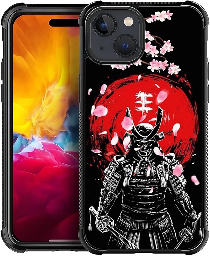 for iPhone 15 Plus Case, Sakura Japanese Samurai Pattern Graphic Design Girl Boy Soft Silicone Hard Acrylic Shock Protection for iPhone 15 Plus