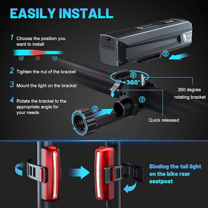 APECYC Bike Lights USB-C Rechargeable Bicycle Front Headlight and Rear Taillight with 4+5 Light Modes, Waterproof Bike Light Set for Night Riding, Commuter, Road & Mountain Cycling