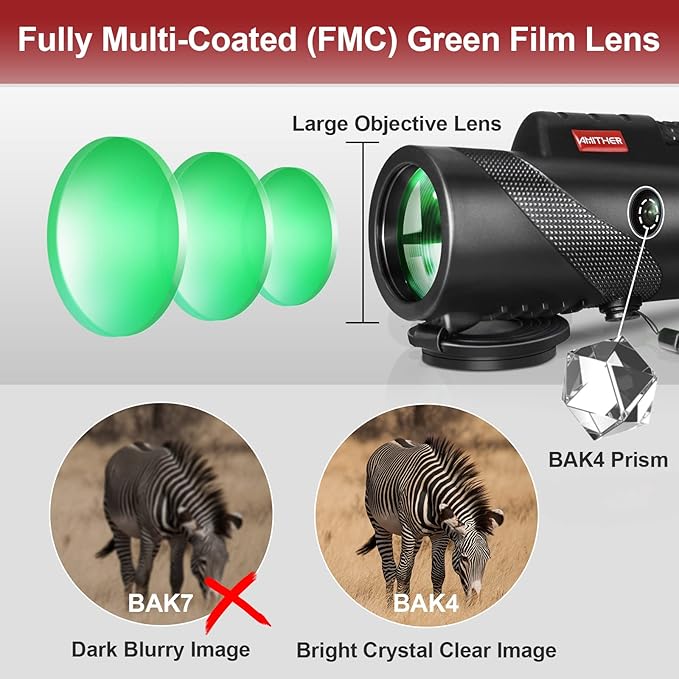 80x100 Monocular Telescope for Smartphones - High Powered HD Monocular with Tripod & Adapter, Low Light Vision for Adults - for Wildlife, Bird Watching, Hunting, Hiking