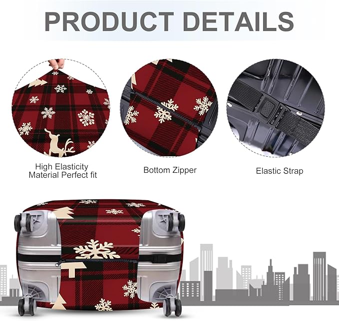 ANNA QUEEN Christmas Plaid Luggage Cover, Red and Black Check Suitcase Protector with Snowflake and Tree Pattern, Stretchable Washable Travel Sleeve for 32-34 Inch Luggage