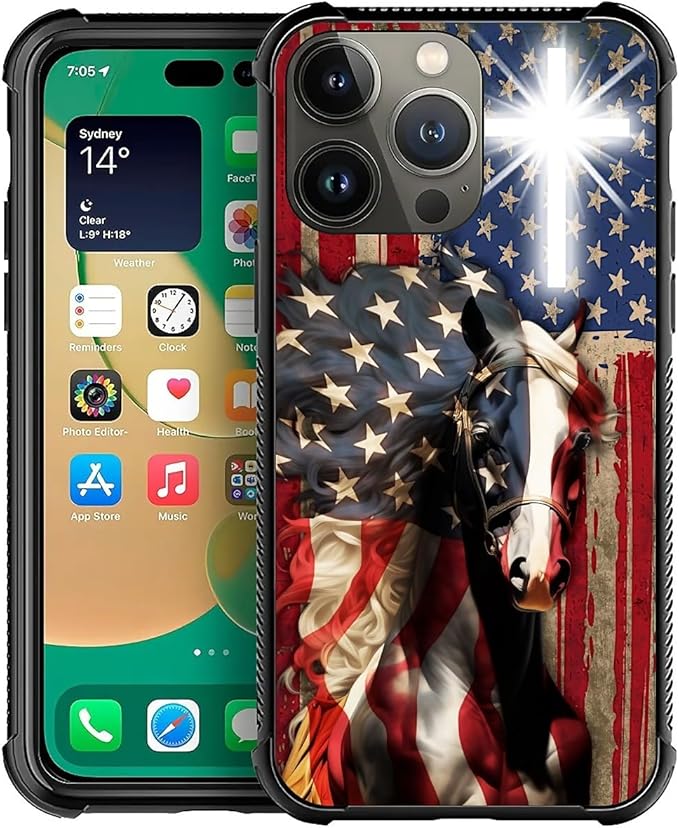 for iPhone 12 Pro Max Case, Red American Flag Horse Cross Pattern Graphic Design Girl Boy Soft Silicone Hard Acrylic Shock Protection for iPhone 12 Pro Max