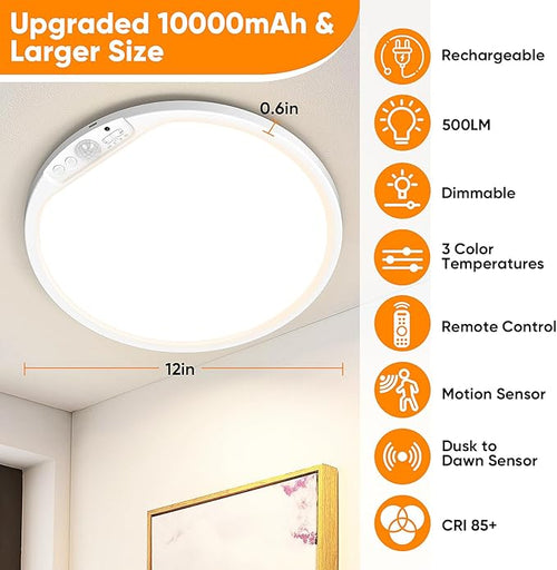 10000mAh Rechargeable Motion Sensor Ceiling Light with Remote, Battery Operated Closet Light No Wiring, Magnetic Wireless LED Ceiling Lights, 3 Color Overhead Lamp for Shower Office Pantry Hallway