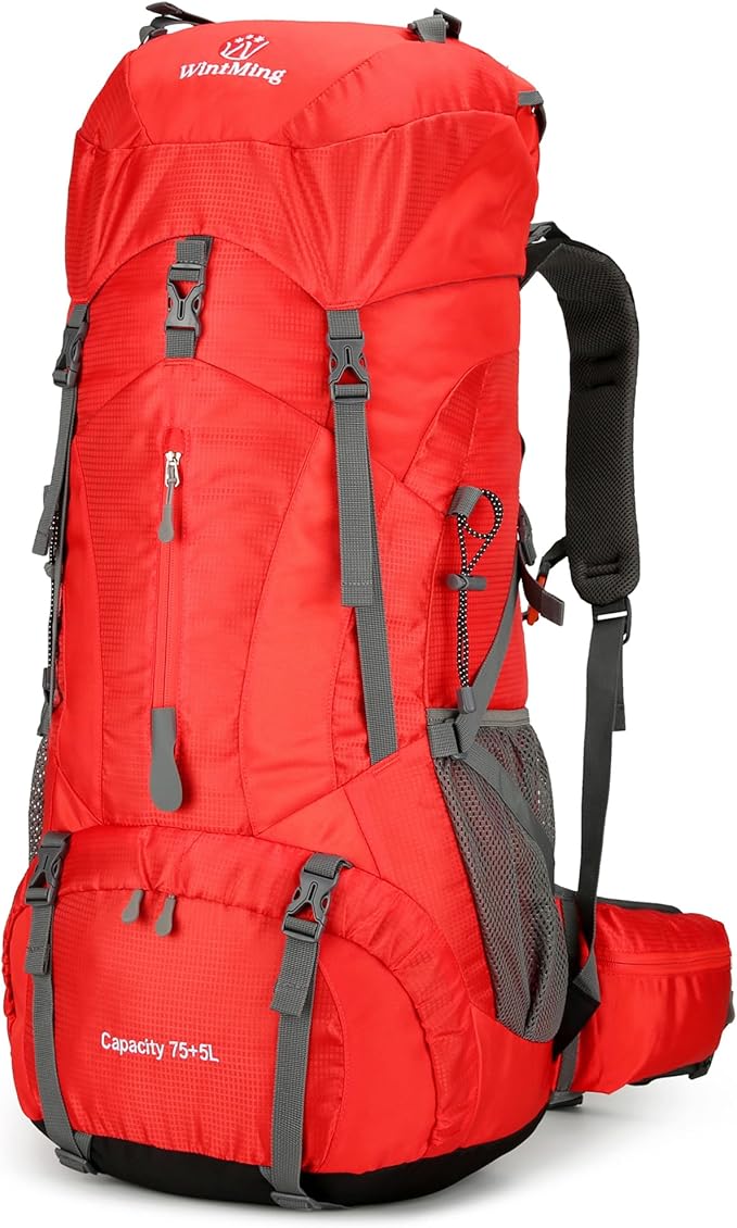 75L Hiking Backpack with Rain Cover Waterproof Camping Backpack Shoes Warehouse for Men Women, Frameless