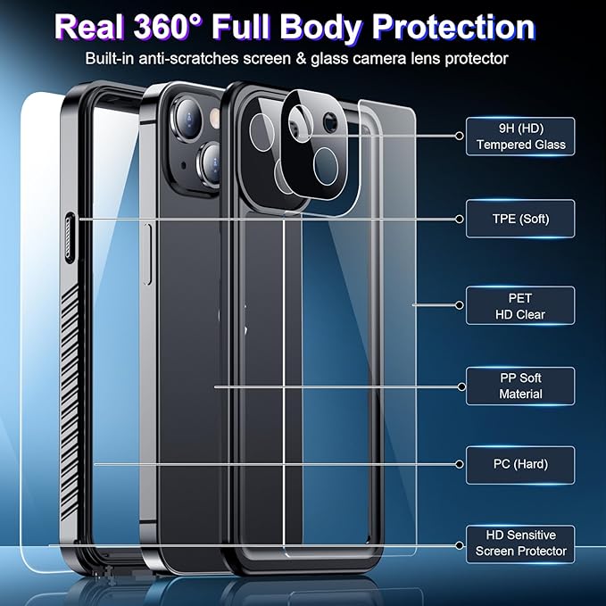 Red2Fire 2024 New for iPhone 13 Case Waterproof,[Built-in Screen Protector & Camera Protector][Full Body Shockproof][IP68 Underwater][Dustproof][Dropproof] Phone Case for iPhone 13 6.1" Black/Clear