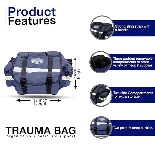 Primacare KB-RO74-B First Responder Trauma Bag, 17" x 9" x 7", Blue — EMT/EMS Medical Supply Organizer with Padded Dividers, Multiple Compartments, Side Pockets, Reflective Strip, Durable Design