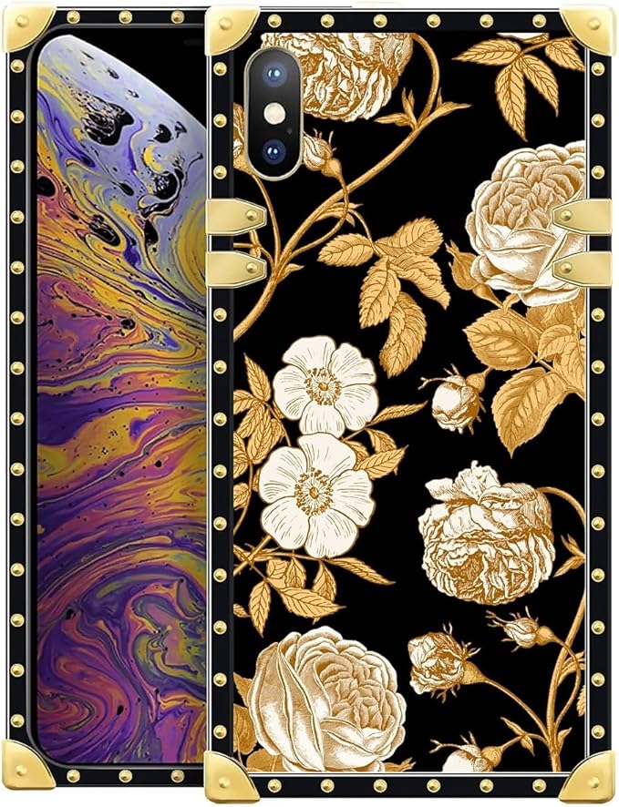 Compatible with iPhone XR Case, Blooming Rose Golden Flower Luxury Golden Decoration for Girl Women Soft TPU Shockproof Protective Hard PC Back for iPhone XR