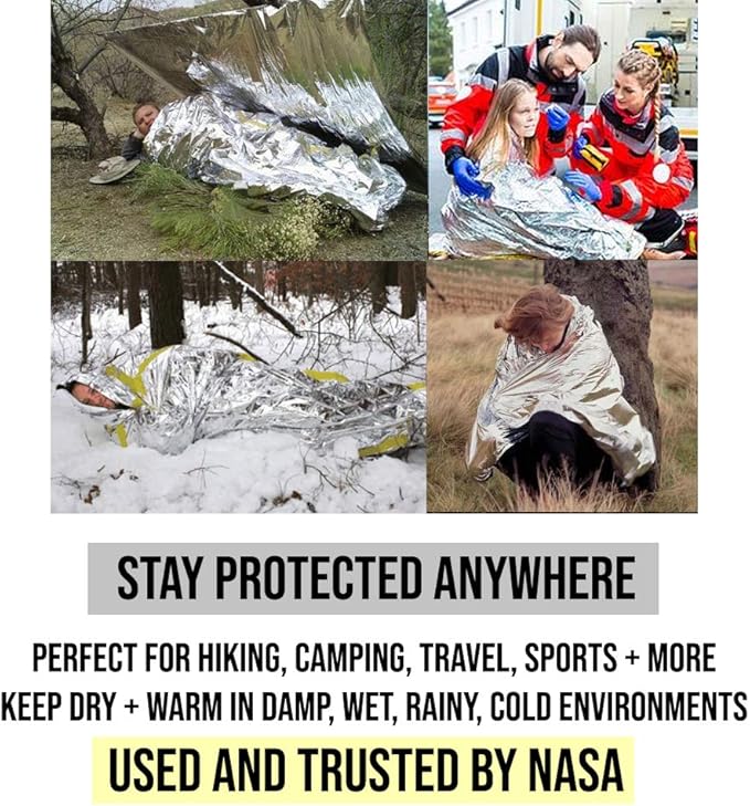 ASA TECHMED Emergency Mylar Thermal Blanket, Foil Rescue Space Blanket - Silver - Designed for NASA, Outdoors, Survival, Hiking, Natural Disasters, First Aid, Marathons (10)