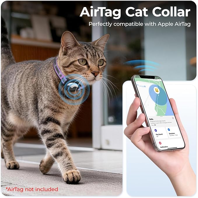 Breakaway AirTag Cat Collar, Reflective Cat Tracker Collar with Air Tag Holder and Bell, Safety Elastic Band Cat GPS Collars for Girl Boy Cats, Kittens and Puppies (Lilac, 8-13'')