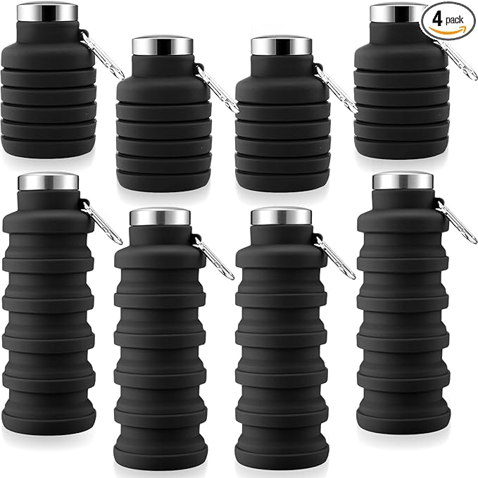 Lallisa 4 Pcs Collapsible Water Bottles 17 oz Reusable Silicone Foldable Travel Water Bottle Portable Leak Proof Sports Water Bottles for Gym Camping Hiking (Black)