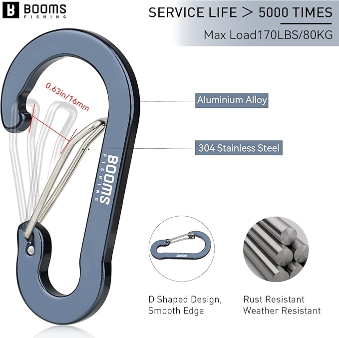 Booms Fishing CC5 Multi-Use Carabiner Clips, 10 Pack 2.7" Small Caribeener Clips, Mini Keychain Aluminum Caribeaner Clip