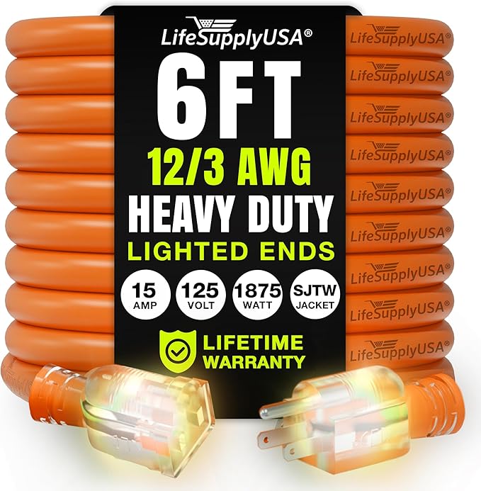 6ft Outdoor/Indoor Extension Cord 12/3 Gauge Extra Heavy Duty 3 Prong SJTW, Waterproof, Flexible Cold-Resistant Long Power Cord,15A 125V 1875W, Orange by LifeSupplyUSA