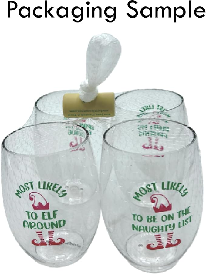 Set of 4 Shatterproof Designer 16 oz Plastic Wine Glasses MADE in the USA (WINE SAYINGS)