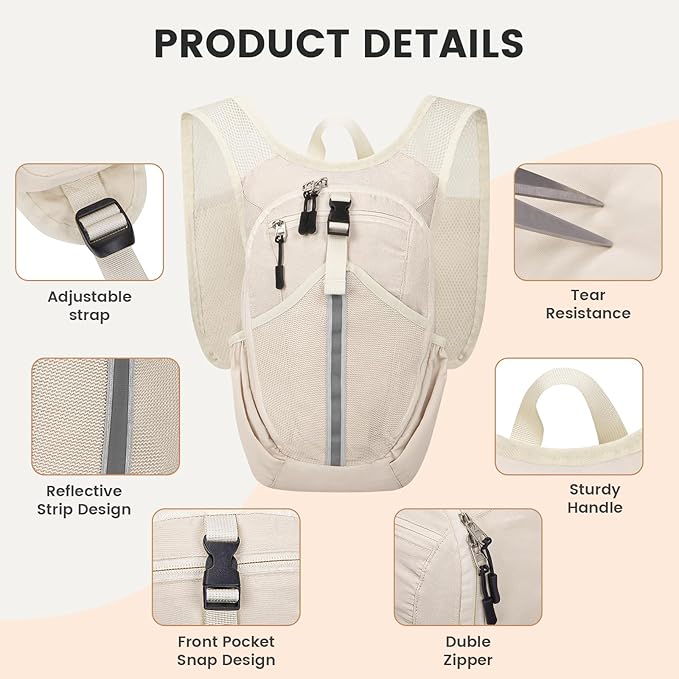 Small Hiking Backpack 15L- Lightweight Packable Foldable Backpack for Travel Camping Outdoor Commute, Compact Rucksack for Women Men(Beige)