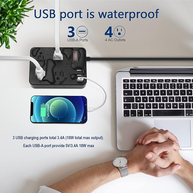 Outdoor Power Strip Weatherproof,Waterproof Surge Protector with 4 Outlets,3 USB,Shockproof Overload Protection, Multi Outlet Extension for Camping, Garden, Kitchen, Bathroom, 6ft Cord,with Flat Plug