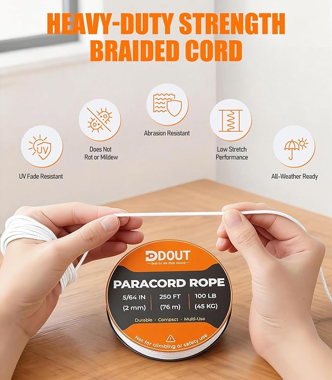 DDOUT 2mm Paracord 100lb, Thin Micro Paracord Rope, White 250FT Nylon Cord for Crafting, DIY Projects, Fishing, Camping & Outdoor