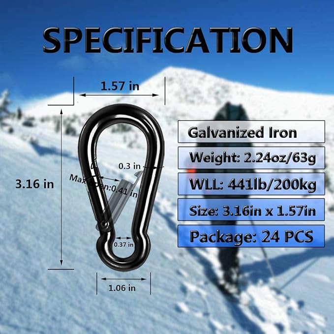 Black Carabiner Clip, Heavy Duty Spring Snap Hook Quick Link for Outdoor Camping, Hiking, Fishing, Swing Set, Hammock, Keychain